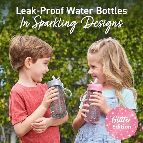 Bentgo Kids Water Bottle - Leak-Proof, Durable Tritan, BPA-Free 15 oz. Cup for Kids/Toddlers Ages 3+, Safe Sip Spout, Carrying Handle, & Dishwasher Safe for School (Glitter Edition - Petal Pink)