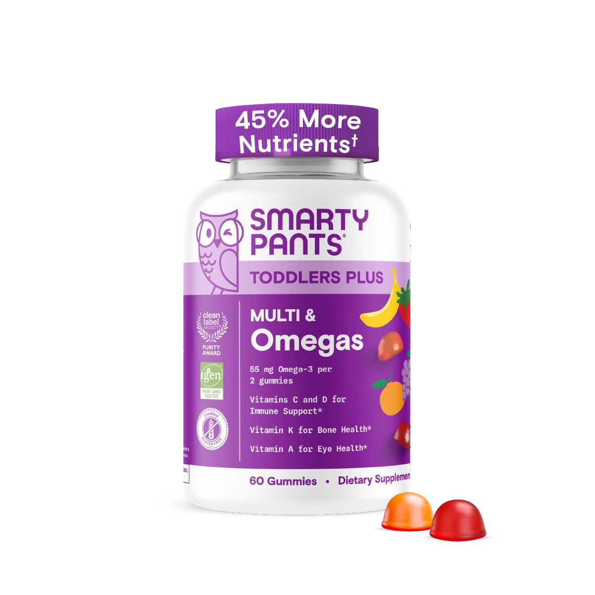 SmartyPants Toddler Multivitamin Gummies - Improved Formula: Omega 3 (DHA/EPA), Vitamins D3, C, Vitamin B12, B6, A, K & Zinc, Biotin, Gluten Free, Three Fruit Flavors, 60 Count (30 Day Supply)