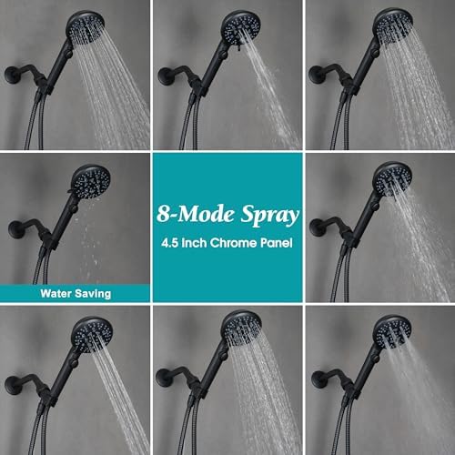 Handheld Shower Head with On Off Switch,8-mode High Pressure Shower Wand with Long Hose and Bracket Extra Adhesive Holder for Lower Mount,Built-in Power Wash to Clean Tub,Tile & Pets,Black…