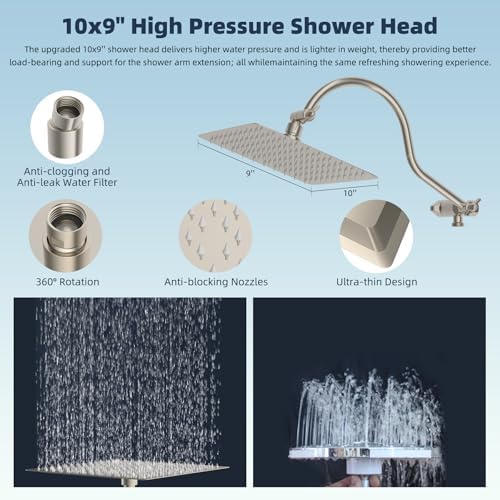 Hibbent All Metal Shower Head, 10'' High Pressure Rainfall Shower Head/Handheld Showerhead Combo/ 12'' Adjustable Curved Shower Extension Arm, 7-Spray, 71'' Hose, Showerhead Holder, Brushed Nickel