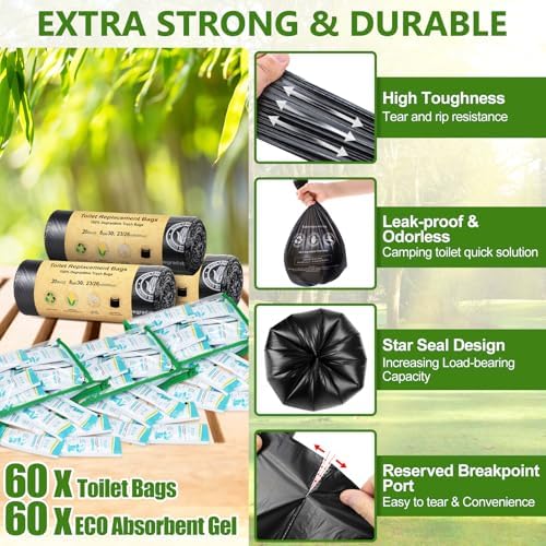 BLIKA Camping Toilet Bags Eco Absorbent Gel Set, Portable Toilet Bags with Gel, 8 Gallon, 30 Liter, Heavy Duty 1 Mil, Toilet Replacement Bags with Toilet Powder for Camping Outdoor Hiking