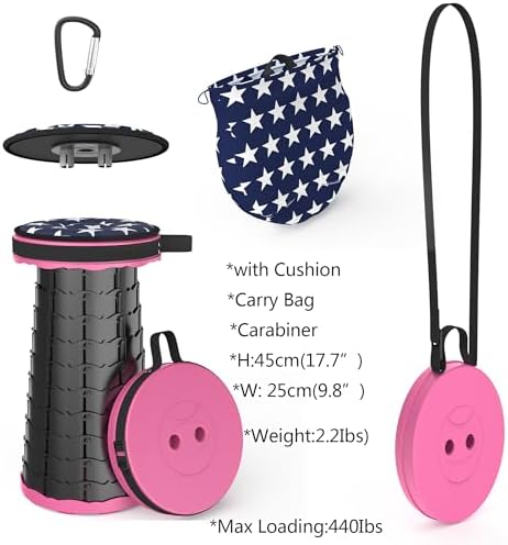 ALEVMOOM Upgraded Folding Stool with Cushion,Portable Collapsible Retractable Stool,Outdoor Chair,Yet More Sturdy Load Capacity 440lbs for Camping Garden Fishing Hiking BBQ with Carry Bag