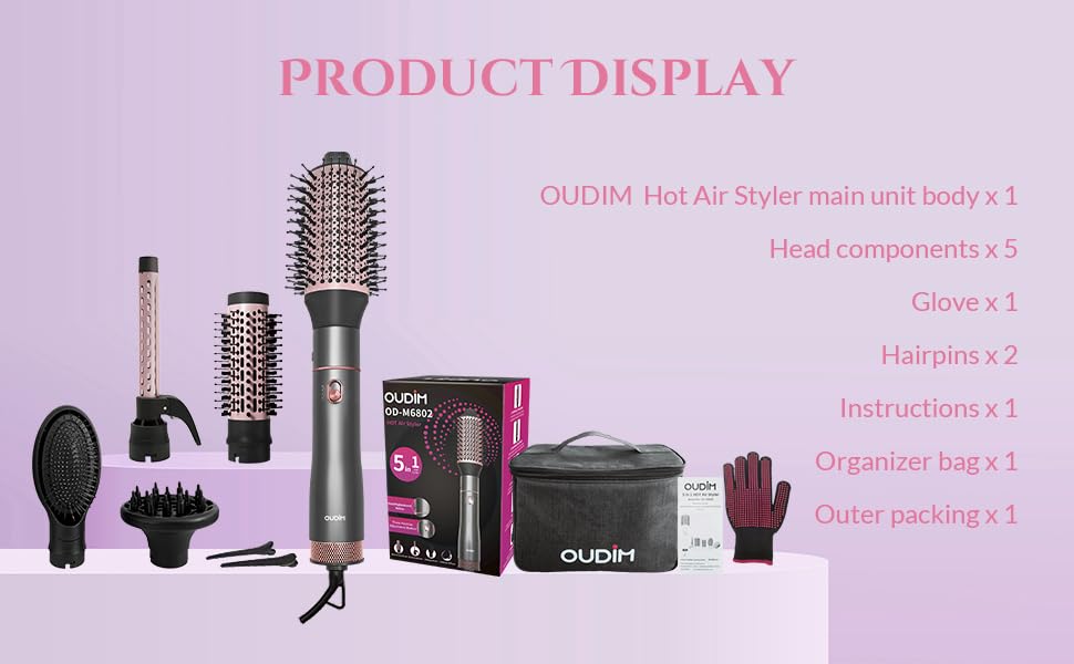 5 in 1 Negative Ion Hair Dryer Brush Blow Dryer Brush Set, Hot Air Styler with Multiple Lengths Suitable for Variable Needs for Hair Curling, 3 Temperature and Wind Settings, Travel Bag Easy to Carry