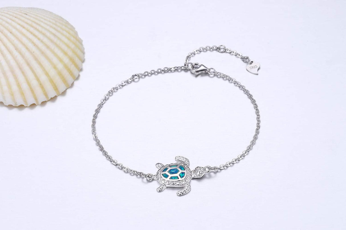 PUPILLEMON 925 Sterling Silver Blue Opal Sea Turtle Bracelet for Women