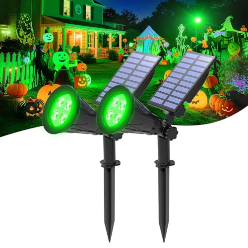 T-SUNUS Halloween Green Solar Lights Outdoor 2 Pack, IP65 Waterproof Garden Spotlights Auto On/Off Security Landscape Spotlight Spot Light for St. Patrick's Day Christmas Tree Patio Yard Driveway Pond
