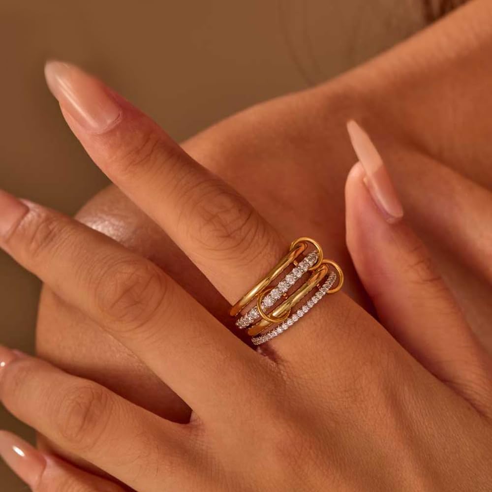 Canboer Gold and Silver Interlocked Stackable Rings for Women CZ Interlocking Stack Statement Rings Set Mixed Metals Trendy Chunky Two-Toned Connected Bands Stacking Ring Non Tarnish Size 8