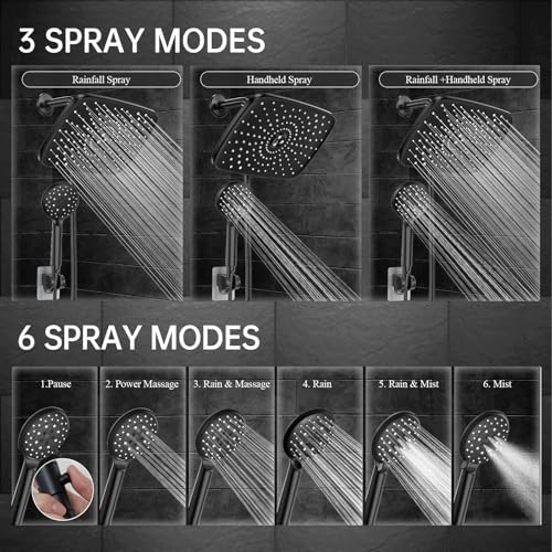 Veken 11.8 Rectangle Inch Rain Shower Head - Shower Heads with 6 Modes Handheld Spray Combo - Wide Rainfall shower with 70" Hose - 1.8gpm Dual Showerhead with Anti-Clog Nozzles - Matte Black