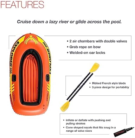 INTEX Explorer Inflatable Boat Series: Dual Air Chambers – Welded Oar Locks – Grab Handles – Bow Rope – Sporty Design