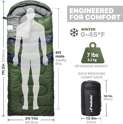 MalloMe Sleeping Bags for Adults Cold Weather & Warm - Backpacking Camping Sleeping Bag for Kids 10-12, Girls, Boys - Lightweight Compact Camping Essentials Gear Accessories Hiking Sleep Must Haves