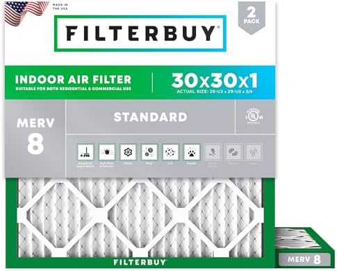 Filterbuy 30x30x1 Air Filter MERV 8 Dust Defense (2-Pack), Pleated HVAC AC Furnace Air Filters Replacement (Actual Size: 29.50 x 29.50 x 0.75 Inches)