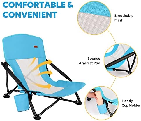 TOBTOS Low Beach Chair, Beach Chairs for Adults 2 Pack, Low Profile Folding with Cup Holder & Carry Bag, Heavy Duty Chair for Outdoor Sand, Camping, Concert, Travel