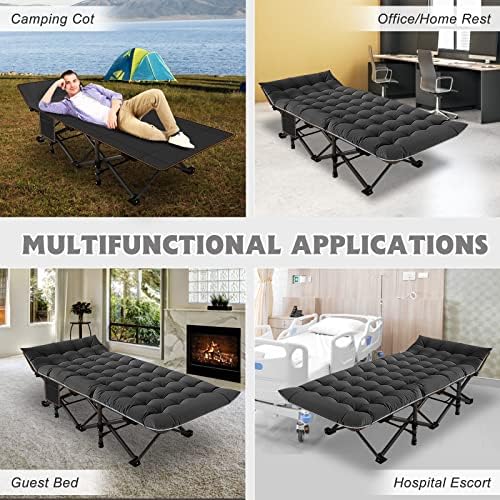 ABORON Folding Camping Cot W/Mat for Adults, Heavy Duty Outdoor Bed with Carry Bag,1200 D Layer Oxford Travel Camp Cots (Black Cot with Black Cotton Pad)