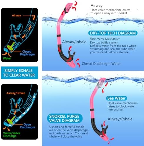 Snorkeling Gear for Adults, Dry-Top Snorkel Set Scuba Diving mask, 180°Panoramic Wide View Professional Snorkeling Gear Breathing Freely Snorkel Mask