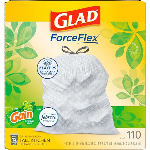 Glad Tall Kitchen Trash Bags 13 Gallon, Gain Original Garbage Bags, Odorshield with Drawstring, 110 Count