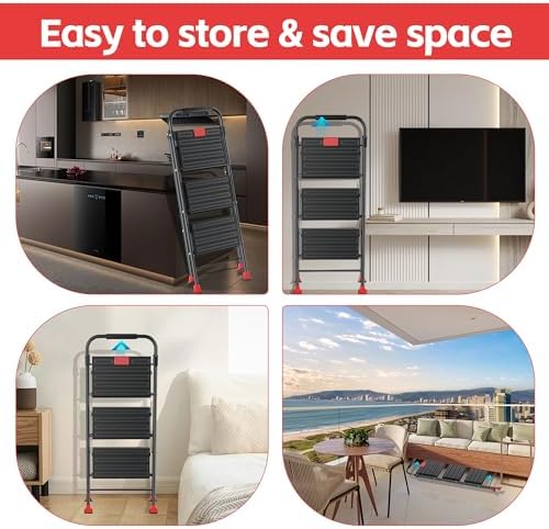 Step Ladder Foldable Folding Stool - for Home Adults Kitchen 3 Stepping Extension Tall Heavy Duty with Handrails - Closet Stepstool Stair Ladders Extendable Stepladder for Indoor House 800Lbs