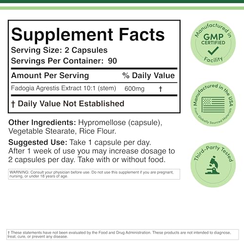 Fadogia Agrestis 600mg Per Serving (180 Capsules) Powerful Extract to Support Athletic Performance (Third Party Tested, Non-GMO, Vegan, Gluten Free) by Double Wood