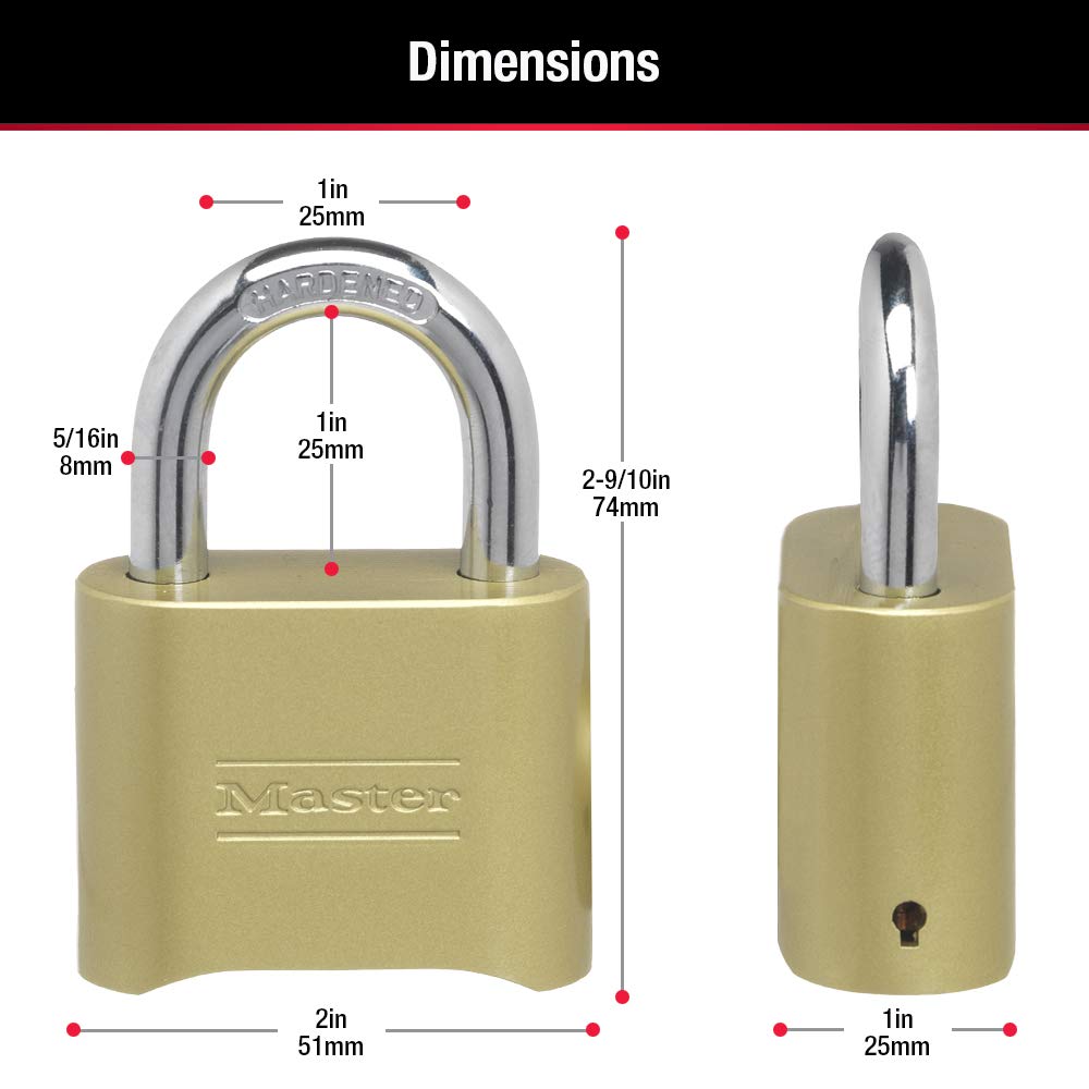 Master Lock Brass Combination Lock, Gate Lock for Outdoor Fence or Shed, Customizable Combination Padlock with 2-inch Wide Body and 1-inch Shackle, 2 Pack, 175EC2