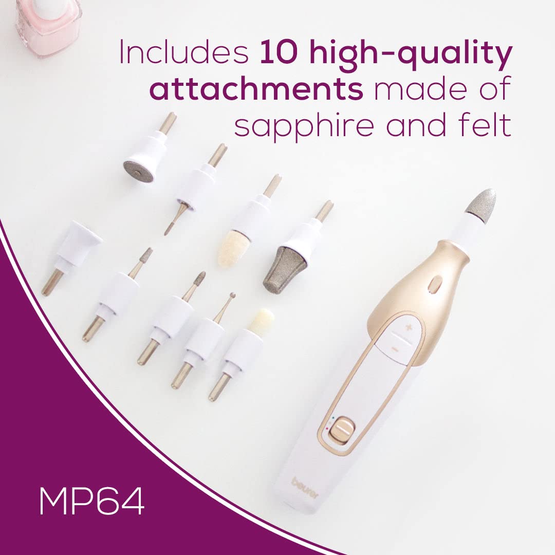Beurer MP64 Nail Drill Kit, Cordless Electric Nail File with 10 Attachments and LED Light, Electric Manicure Set with Adjustable Speed, E-File for Manicure and Pedicure, with Storage Case