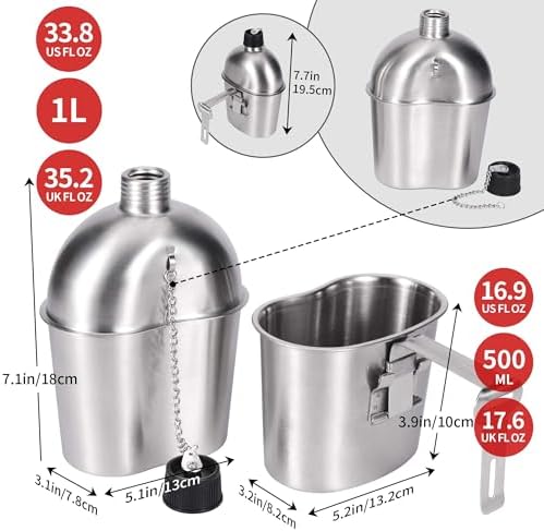Goetland Stainless Steel WWII US Army Canteen Water Bottle Military Canteen Kit 1QT with 0.5QT Cup Nylon Pouch G.I.