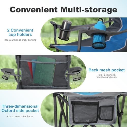 LET'S CAMP Oversized Outdoor Folding Camping Chair, 2 Pack Heavy Duty Arm Chairs with Cup Holder and Storage Bag, 350 LBS Weight Capacity, Blue
