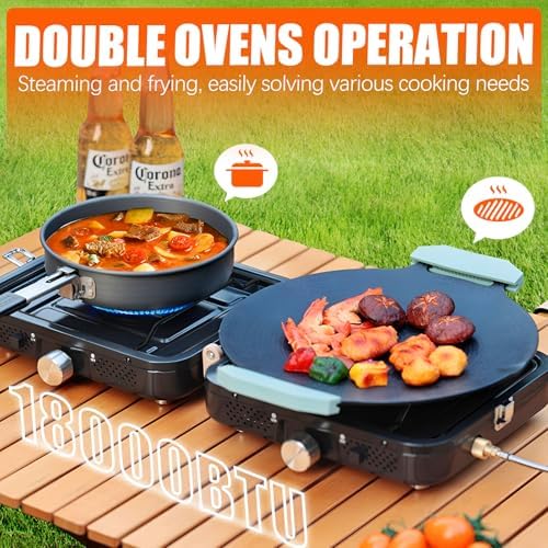 2 Burner Propane Stove with Grill, 18,000 BTU, Portable Camping Stove, Foldable Camp Stove, Gas Stove with 2 Adjustable Burners, Piezo Ignition & Easy Carrying Handle (Black)