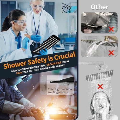 SR SUN RISE 12 Inches Matte Black Shower System 12 Inch Brass Bathroom Luxury Rain Mixer Shower Combo Set Wall Mounted Rainfall Shower Head System Shower Faucet Rough-in Valve Body and Trim Included