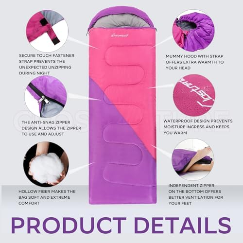 Clostnature Sleeping Bag for Adults and Kids - Lightweight Camping Sleeping Bag for Girls, Boys, Youths, Ultralight Backpacking Sleeping Bag for Cold Weather - Compression Sack Included(Right Zipper)