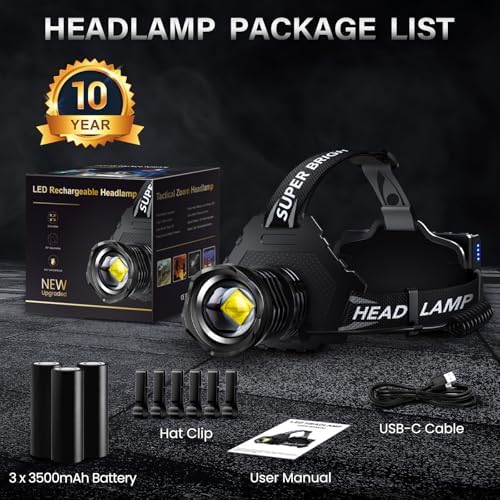 FARTIX Rechargeable LED Headlamp 2980 High Lumens, 12 Modes Zoomable Head Lamp, 95 Hours Long Battery Life & 125ยฐ Adjustable & IPX7 Waterproof Super Bright Head Light for Outdoor, Camping, Hard Hat