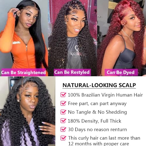 Manorshen Deep Wave Lace Front Wigs Human Hair 180% Density 13x6 HD Transparent Glueless Pre Plucked Deep Curly Wig Wet and Wavy Human Hair Wigs for black Women Natural Color with Baby Hair (22 Inch