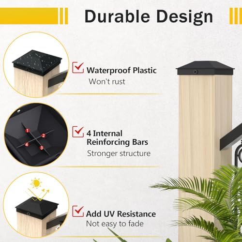 Goovilla 6x6 Post Caps Black(Actual 5.5" x 5.5"), 4 Pack Fence Post Caps with 8 Screws and Easy Installation, Sturdy Waterproof Plastic Deck Post Caps with Frosted Finishing Touch, Protect Wood Post