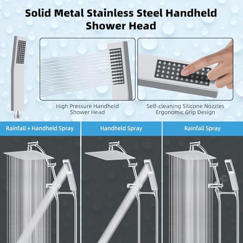 Hibbent All Metal 10'' Rainfall Shower Head, Dual Shower Head Combo, High Pressure Handheld Shower Wand, 16'' Adjustable Arc-shaped Shower Extension Arm, 71'' Hose, Showerhead Holder, Chrome