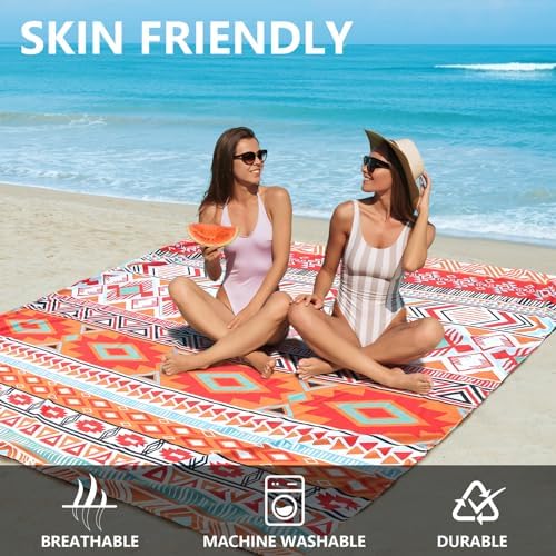 Beach Blanket, Sandproof Beach Mat, Waterproof Quick Drying Lightweight Outdoor Aztec Picnic Mat 79" X 83"/120"x108" for 2-8 Adults for Travel, Camping, Hiking