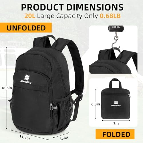 Lightweight Packable Small Hiking Backpack for Women Men - 20L Waterproof Foldable Daypack for Travel, Hiking, and Daily Use, Adjustable Chest Strap, Durable Nylon, Black