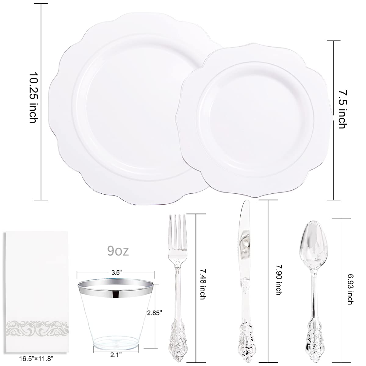 NOCCUR 175pcs Silver Plastic Plates - Silver Rim Plastic Tableware Include 25 Dinner/Dessert Plates, 25 Forks, 25 Knives, 25 Spoons for Wedding/Party/Christmas