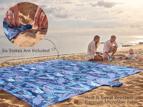 WEKAPO Beach Blanket Waterproof Sandproof Oversized, Extra Large Beach Mat Sand Free, Lightweight & Compact Sand Free Mat with 6 Stakes & 4 Corner Pockets