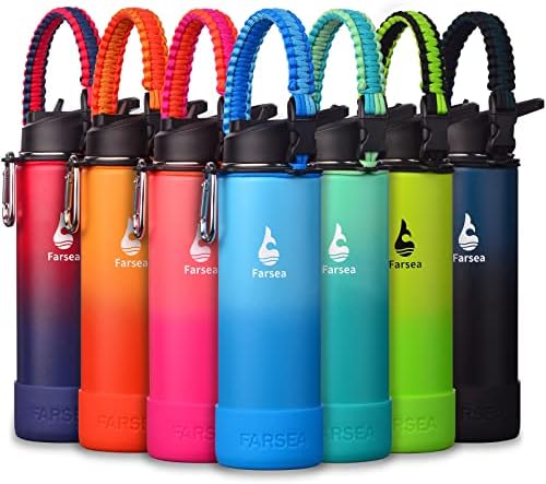 Farsea Insulated Water Bottle With Paracord Handle, Protective Silicone Boot and 2 Lids (Straw Lid & Spout Lid), Stainless Steel Water Bottle Wide Mouth, Double Wall Sweat-Proof BPA-Free, 24 oz