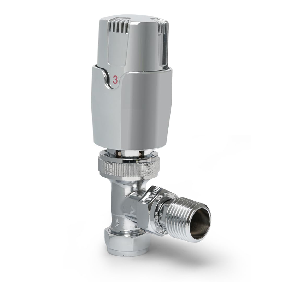 Chrome Angled Thermostatic Radiator Valves TRV Modern Radiator Valves 15mm x 1/2" (Set of 2) for Heated Towel Rails & Central Heating Radiators Radiator Valve Set