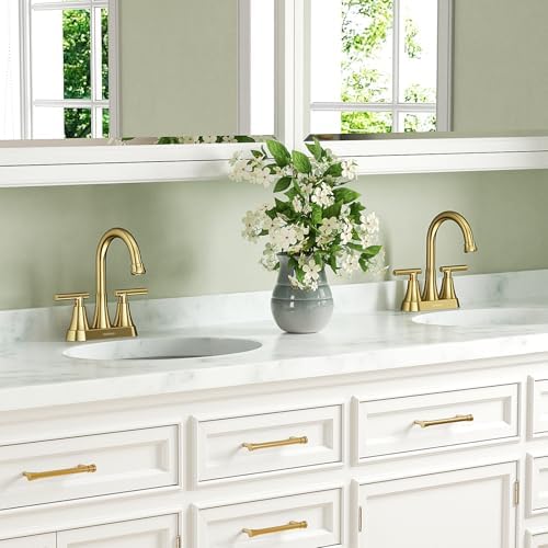 4 inch Brushed Gold Bathroom Sink Faucet with Pop-up Drain and 2 Supply Hoses, Stainless Steel Lead-Free 2-Handle Centerset Faucet for Bathroom Sink Vanity RV