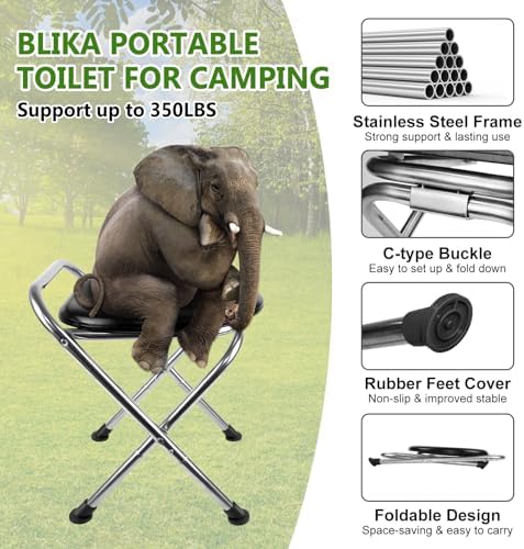 BLIKA Portable Toilet for Camping, 350LBS Stainless Steel Foldable Camp Travel Toilet with Soft Seat for Adults, Portable Potty for Camping, RV Travel, Road Trips, Includes Waste Bags with Gel