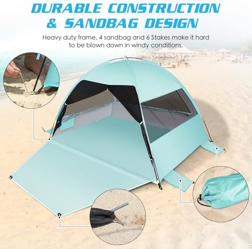 Large Easy Setup Beach Tent,Anti-UV Beach Shade Beach Canopy Tent Sun Shade with Extended Floor & 3 Mesh Roll Up Windows Fits 3-4 Person,Portable Shade Tent for Outdoor Camping Fishing (Mint Green)