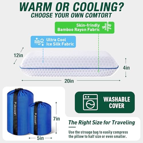 Travel & Camping Cooling Memory Foam Pillow for Backpacking &Airplanes &Beach, Medium Firm Small Camp Bed Pillow for Car Sleeping,Toddler, Breathable Washable Cover, Neck Support Portable Compressible