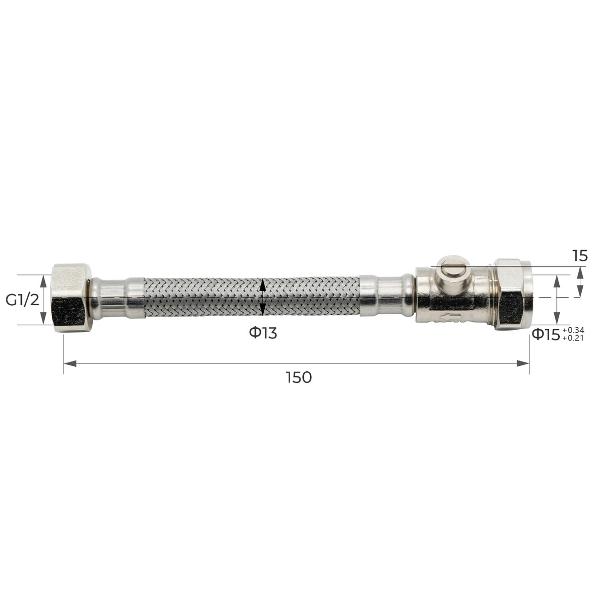 Flexible Hose with Isolation Vancoco Short 15mm x 1/2inch Flexi with Isolation 150mm Long Reeds Pipe Tap Connector Hose