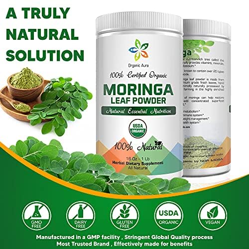 Certified Organic Moringa Leaf Powder-1Lb. USDA Certified Organic. 100% Pure and Original. Naturally boosts Energy, Metabolism & Immunity. Raw Green Whole Superfood. No GMO, Gluten Free
