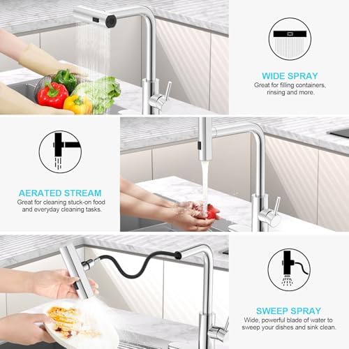 Single Hole Kitchen Faucets with Pull Down Sprayer in Chrome, Single Handle, High Flow Water, Pull Out Tap, Stainless Steel Sink Faucet, Suitable for Farmhouse Camper Laundry Rv Bar