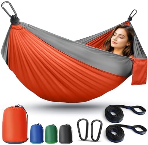 Camping Hammock Lightweight, Portable Hammocks Parachute Hammock with Two Tree Straps, Single or Double Travel Swing Nylon Camp Hammocks, Outdoor Essentials for Beach Backpacking Hiking, Orange