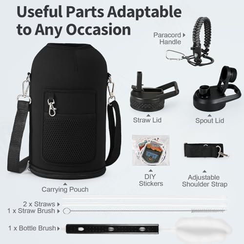 One Gallon Water Bottle Insulated with DIY Stickers, Triple Wall Vacuum Cold for 48 Hrs Leak-proof Non-BPA, 128oz Large Sports Stainless Steel Water Jug with Paracord Handle Straw Spout Lids