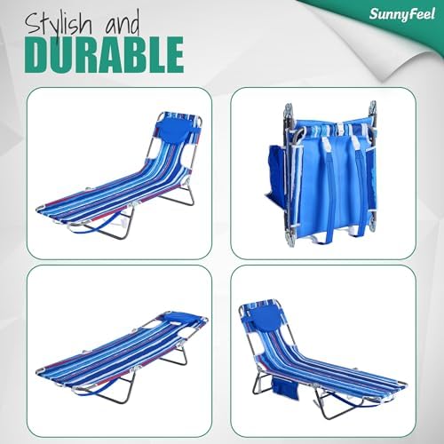 SunnyFeel Beach Lounge Chair, Backpack Reclining Beach Chairs Lay Flat, Face Down Tanning Chair, Folding Camping Chairs Portable Camp Cot with Backpack Straps for Outdoor/Picnic/Lawn