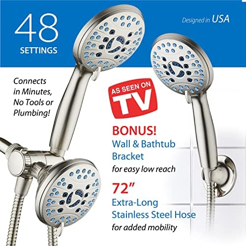 Hotel Spa AquaCare As-Seen-On-TV High Pressure 48-setting Rain & Handheld 3-way Shower Head Combo - Anti-clog Nozzles/Tub, Tile & Pet Power Wash/Extra Long 6 ft. Hose/Satin Nickel Finish