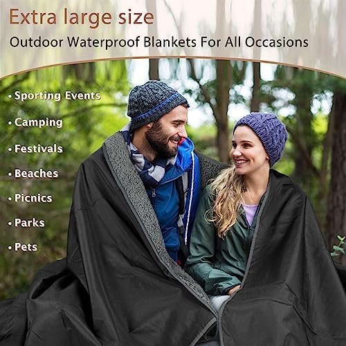 Tirrinia Waterproof Outdoor Blanket with Sherpa Lining, Windproof Triple Layers Warm Comfy Foldable for Camping Stadium, Beach, Picnic, Grass, Concerts, Car, Dog, 51''X 59'' & 59''X 80''