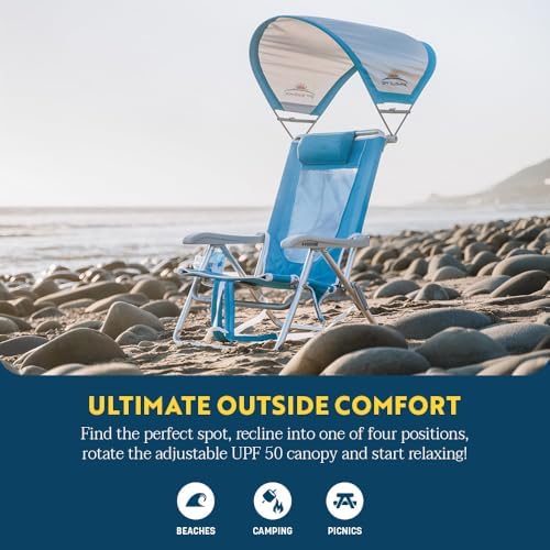 GCI OUTDOOR Sunshade Backpack Beach Chair | Reclining Folding Canopy Chair with Durable Armrests, Drink Holder & Carry Straps, Perfect for Beach Trips & Picnics — Saybrook Blue
